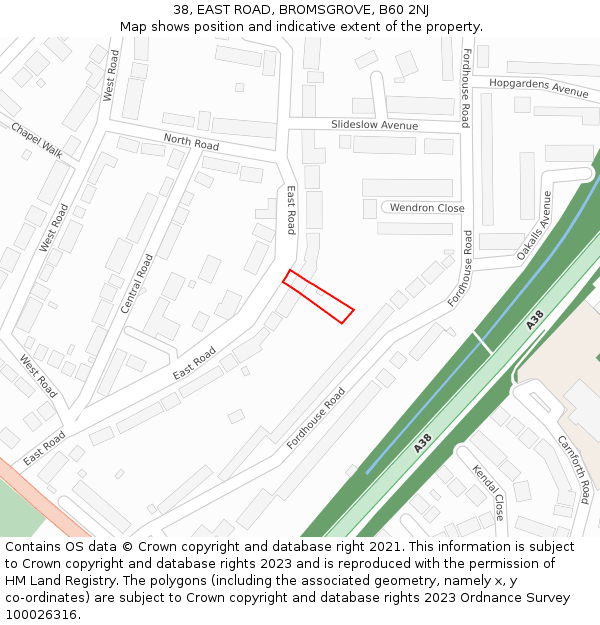 38, EAST ROAD, BROMSGROVE, B60 2NJ: Location map and indicative extent of plot