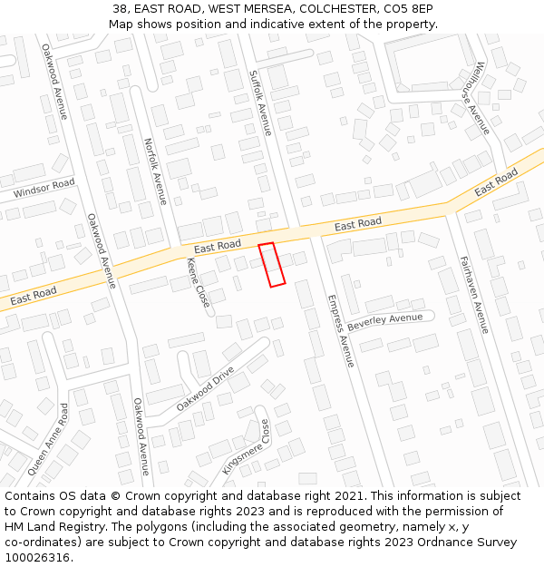 38, EAST ROAD, WEST MERSEA, COLCHESTER, CO5 8EP: Location map and indicative extent of plot