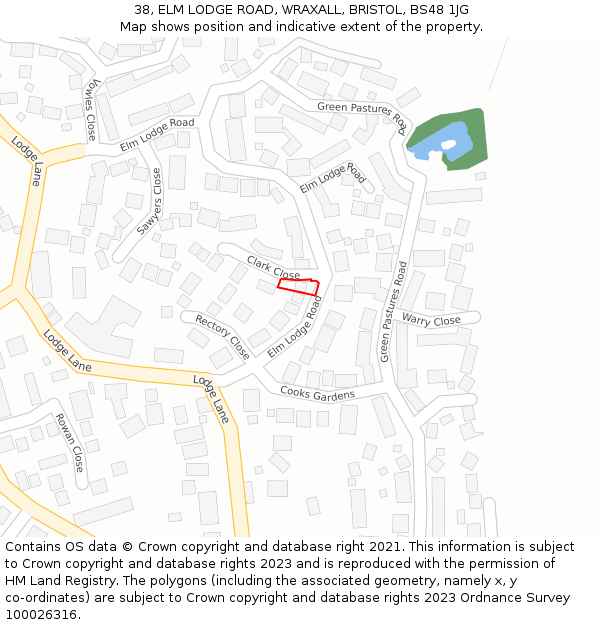 38, ELM LODGE ROAD, WRAXALL, BRISTOL, BS48 1JG: Location map and indicative extent of plot