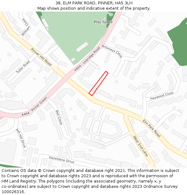 38, ELM PARK ROAD, PINNER, HA5 3LH: Location map and indicative extent of plot