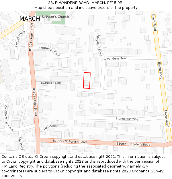 38, ELWYNDENE ROAD, MARCH, PE15 9BL: Location map and indicative extent of plot