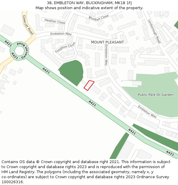 38, EMBLETON WAY, BUCKINGHAM, MK18 1FJ: Location map and indicative extent of plot