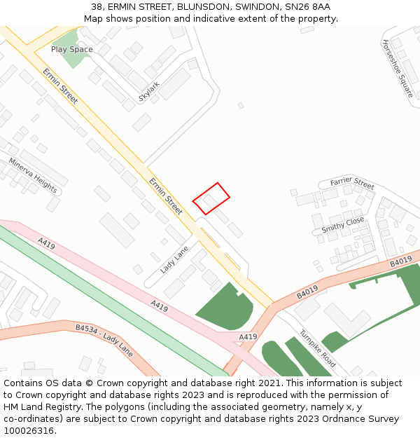 38, ERMIN STREET, BLUNSDON, SWINDON, SN26 8AA: Location map and indicative extent of plot