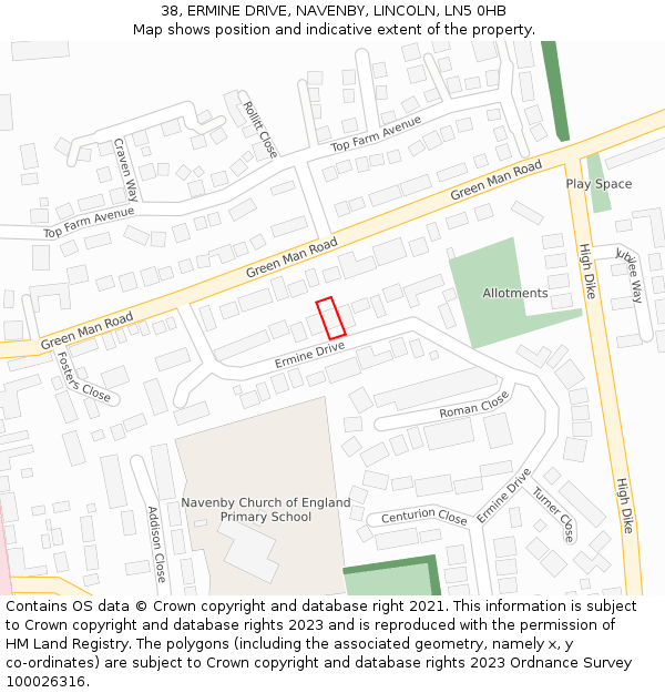 38, ERMINE DRIVE, NAVENBY, LINCOLN, LN5 0HB: Location map and indicative extent of plot