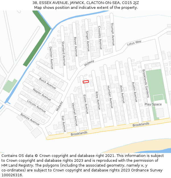 38, ESSEX AVENUE, JAYWICK, CLACTON-ON-SEA, CO15 2JZ: Location map and indicative extent of plot