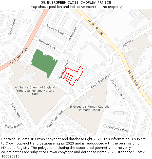 38, EVERGREEN CLOSE, CHORLEY, PR7 3QB: Location map and indicative extent of plot