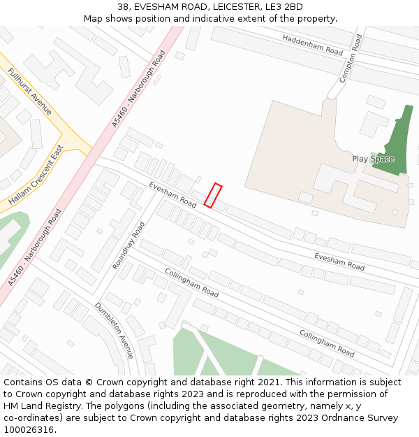 38, EVESHAM ROAD, LEICESTER, LE3 2BD: Location map and indicative extent of plot