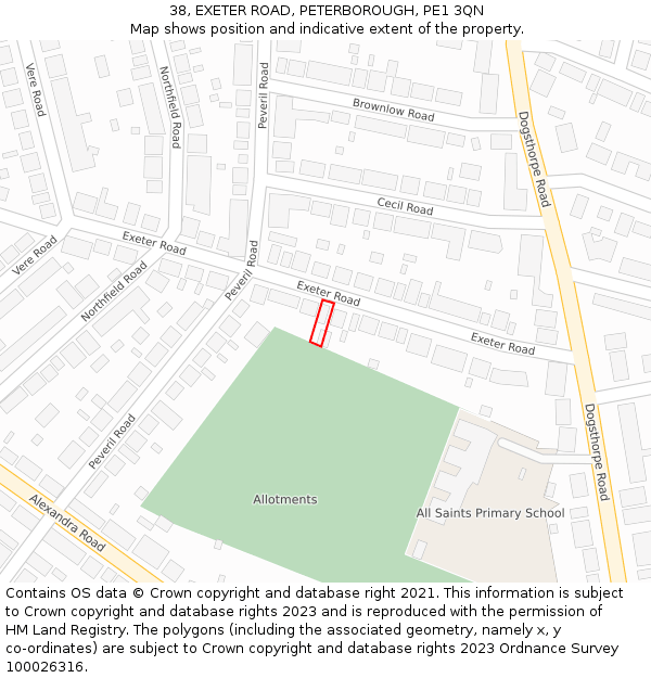 38, EXETER ROAD, PETERBOROUGH, PE1 3QN: Location map and indicative extent of plot