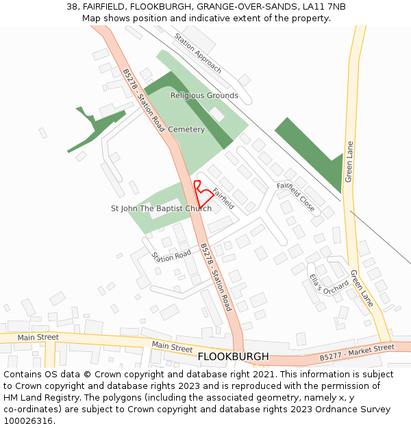 38, FAIRFIELD, FLOOKBURGH, GRANGE-OVER-SANDS, LA11 7NB: Location map and indicative extent of plot