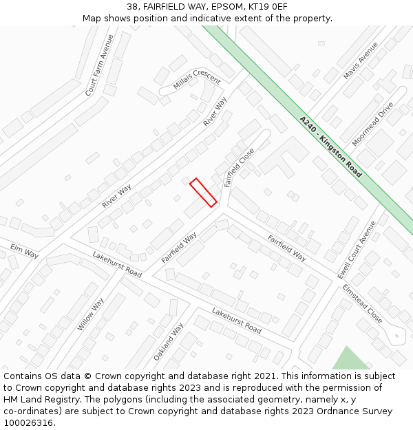 38, FAIRFIELD WAY, EPSOM, KT19 0EF: Location map and indicative extent of plot