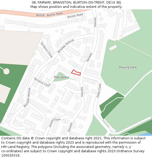 38, FAIRWAY, BRANSTON, BURTON-ON-TRENT, DE14 3EJ: Location map and indicative extent of plot