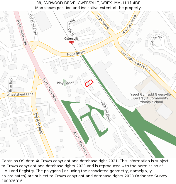 38, FAIRWOOD DRIVE, GWERSYLLT, WREXHAM, LL11 4DE: Location map and indicative extent of plot