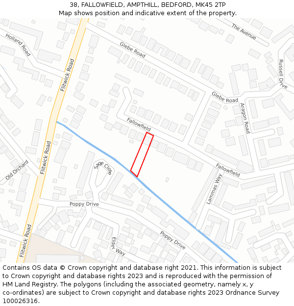 38, FALLOWFIELD, AMPTHILL, BEDFORD, MK45 2TP: Location map and indicative extent of plot