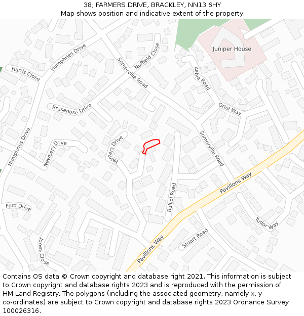 38, FARMERS DRIVE, BRACKLEY, NN13 6HY: Location map and indicative extent of plot