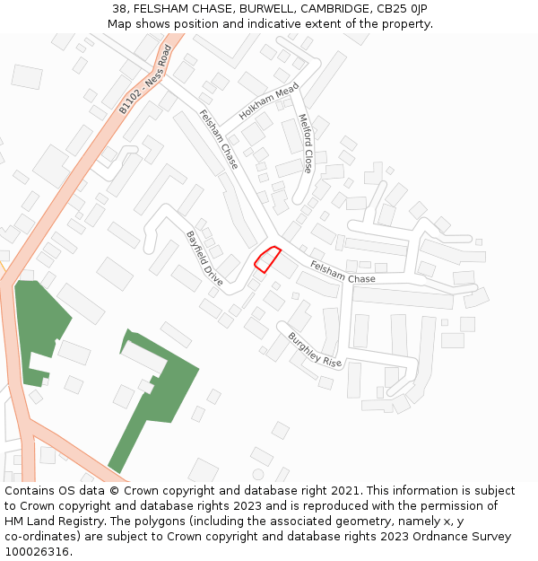 38, FELSHAM CHASE, BURWELL, CAMBRIDGE, CB25 0JP: Location map and indicative extent of plot