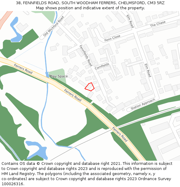 38, FENNFIELDS ROAD, SOUTH WOODHAM FERRERS, CHELMSFORD, CM3 5RZ: Location map and indicative extent of plot