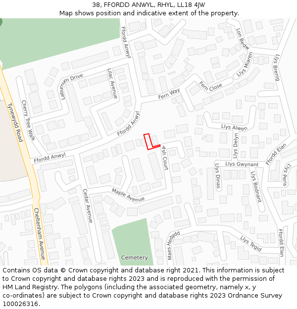 38, FFORDD ANWYL, RHYL, LL18 4JW: Location map and indicative extent of plot