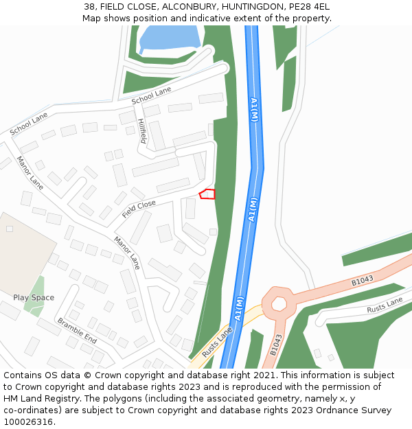 38, FIELD CLOSE, ALCONBURY, HUNTINGDON, PE28 4EL: Location map and indicative extent of plot