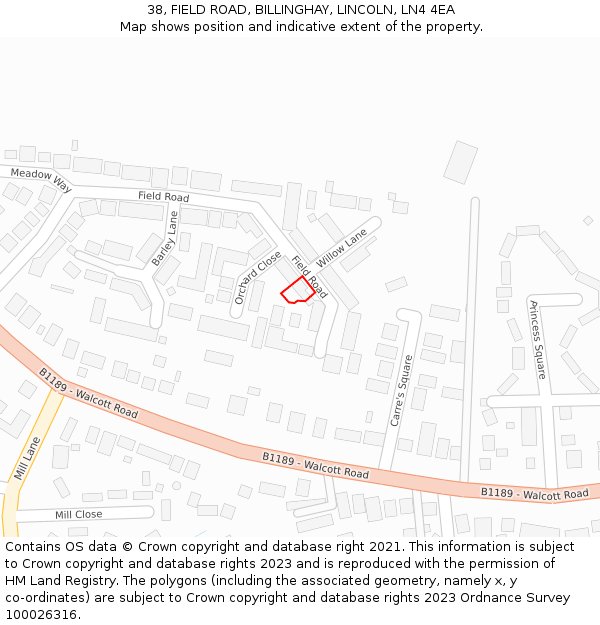 38, FIELD ROAD, BILLINGHAY, LINCOLN, LN4 4EA: Location map and indicative extent of plot