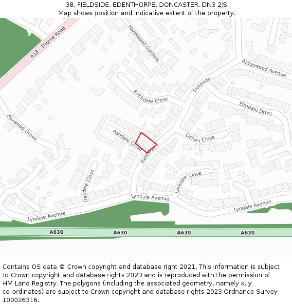 38, FIELDSIDE, EDENTHORPE, DONCASTER, DN3 2JS: Location map and indicative extent of plot