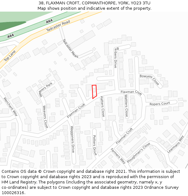 38, FLAXMAN CROFT, COPMANTHORPE, YORK, YO23 3TU: Location map and indicative extent of plot