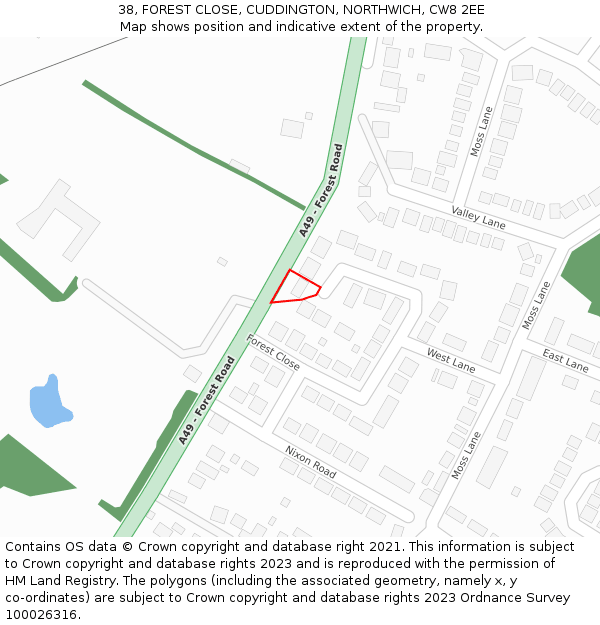 38, FOREST CLOSE, CUDDINGTON, NORTHWICH, CW8 2EE: Location map and indicative extent of plot