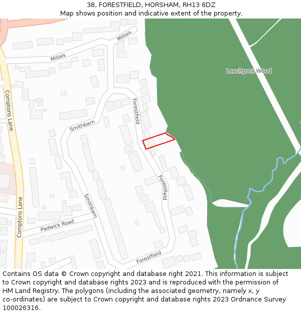 38, FORESTFIELD, HORSHAM, RH13 6DZ: Location map and indicative extent of plot