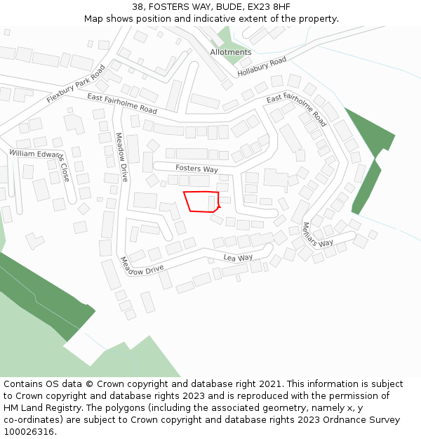 38, FOSTERS WAY, BUDE, EX23 8HF: Location map and indicative extent of plot