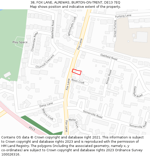 38, FOX LANE, ALREWAS, BURTON-ON-TRENT, DE13 7EQ: Location map and indicative extent of plot