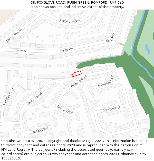 38, FOXGLOVE ROAD, RUSH GREEN, ROMFORD, RM7 0YQ: Location map and indicative extent of plot