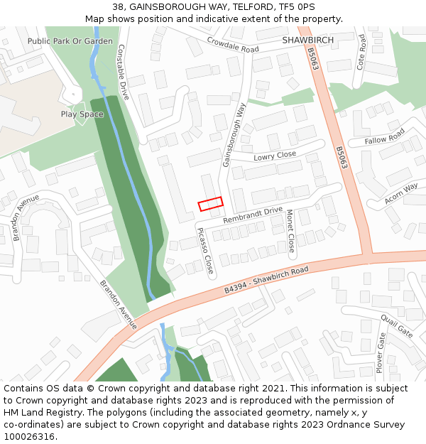 38, GAINSBOROUGH WAY, TELFORD, TF5 0PS: Location map and indicative extent of plot