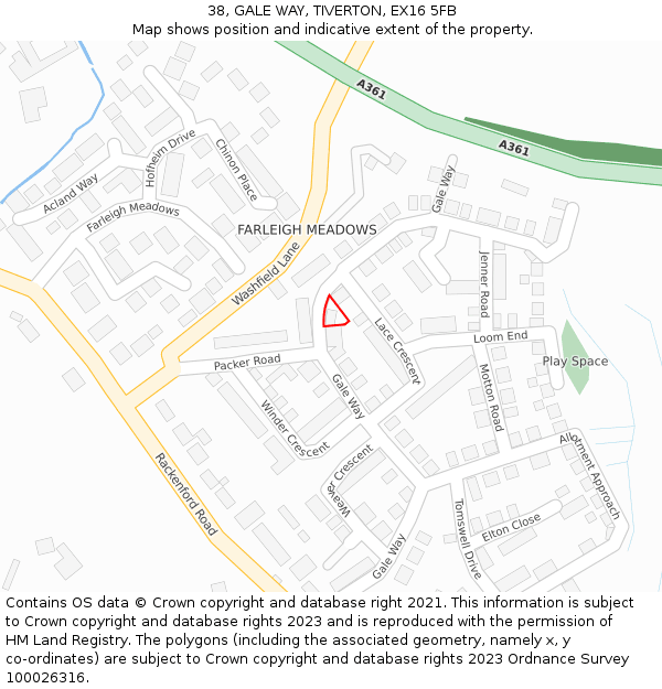 38, GALE WAY, TIVERTON, EX16 5FB: Location map and indicative extent of plot