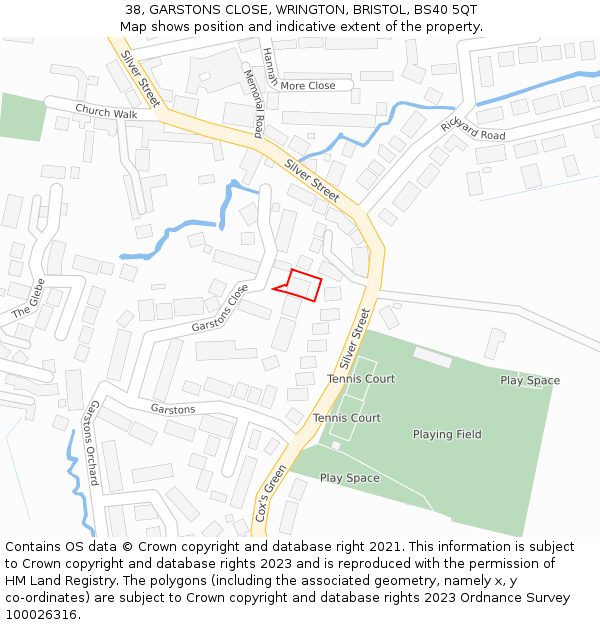 38, GARSTONS CLOSE, WRINGTON, BRISTOL, BS40 5QT: Location map and indicative extent of plot