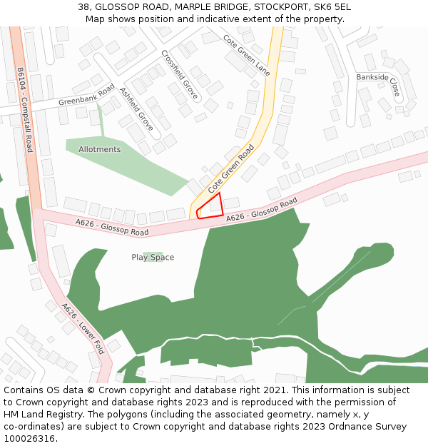 38, GLOSSOP ROAD, MARPLE BRIDGE, STOCKPORT, SK6 5EL: Location map and indicative extent of plot