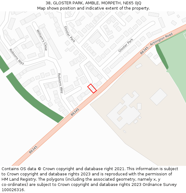 38, GLOSTER PARK, AMBLE, MORPETH, NE65 0JQ: Location map and indicative extent of plot