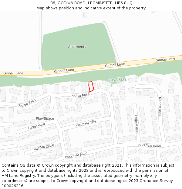 38, GODIVA ROAD, LEOMINSTER, HR6 8UQ: Location map and indicative extent of plot