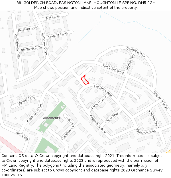 38, GOLDFINCH ROAD, EASINGTON LANE, HOUGHTON LE SPRING, DH5 0GH: Location map and indicative extent of plot