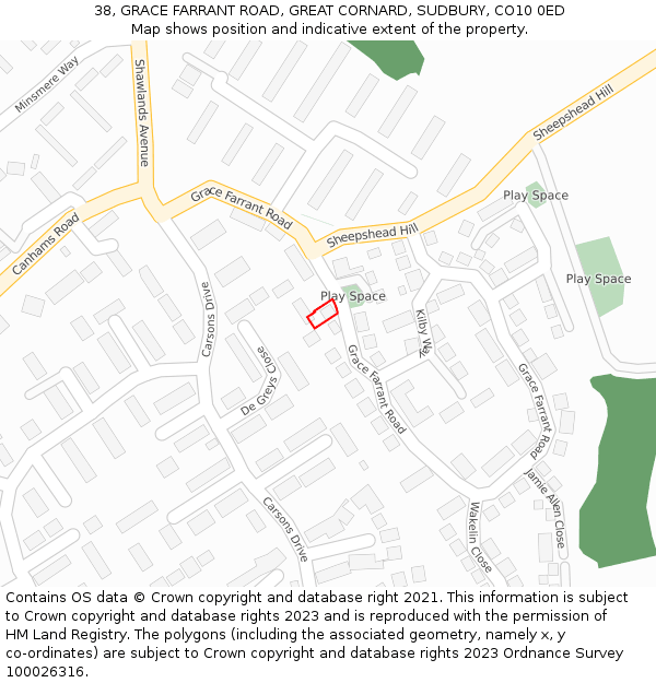 38, GRACE FARRANT ROAD, GREAT CORNARD, SUDBURY, CO10 0ED: Location map and indicative extent of plot