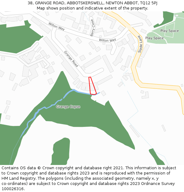 38, GRANGE ROAD, ABBOTSKERSWELL, NEWTON ABBOT, TQ12 5PJ: Location map and indicative extent of plot