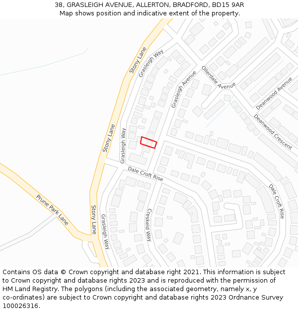 38, GRASLEIGH AVENUE, ALLERTON, BRADFORD, BD15 9AR: Location map and indicative extent of plot