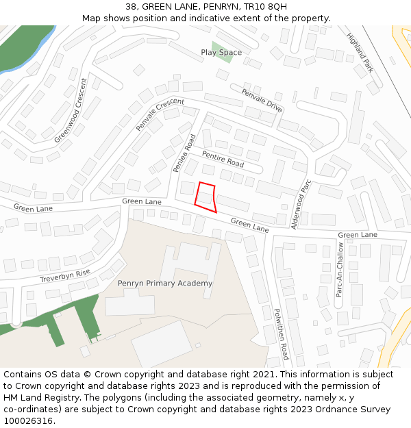 38, GREEN LANE, PENRYN, TR10 8QH: Location map and indicative extent of plot