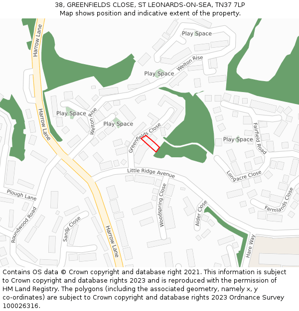 38, GREENFIELDS CLOSE, ST LEONARDS-ON-SEA, TN37 7LP: Location map and indicative extent of plot