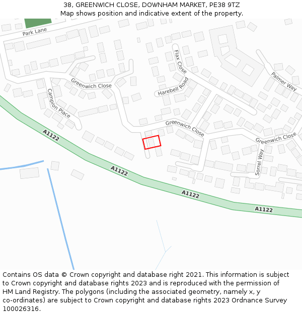 38, GREENWICH CLOSE, DOWNHAM MARKET, PE38 9TZ: Location map and indicative extent of plot