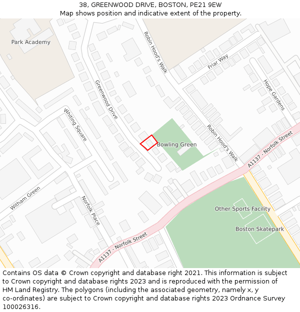 38, GREENWOOD DRIVE, BOSTON, PE21 9EW: Location map and indicative extent of plot