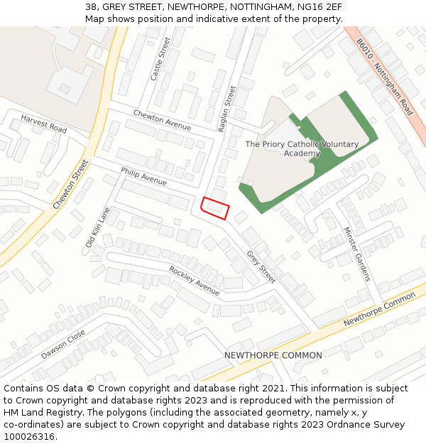 38, GREY STREET, NEWTHORPE, NOTTINGHAM, NG16 2EF: Location map and indicative extent of plot