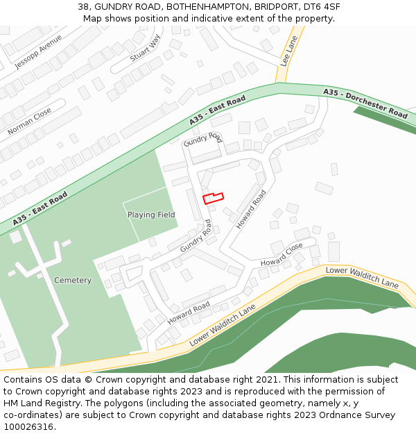 38, GUNDRY ROAD, BOTHENHAMPTON, BRIDPORT, DT6 4SF: Location map and indicative extent of plot