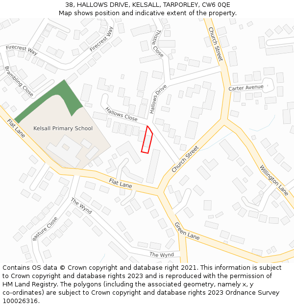 38, HALLOWS DRIVE, KELSALL, TARPORLEY, CW6 0QE: Location map and indicative extent of plot