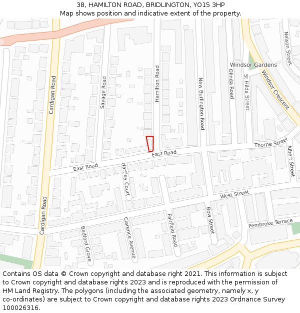 38, HAMILTON ROAD, BRIDLINGTON, YO15 3HP: Location map and indicative extent of plot