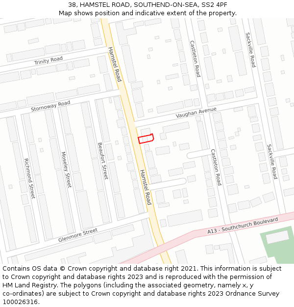 38, HAMSTEL ROAD, SOUTHEND-ON-SEA, SS2 4PF: Location map and indicative extent of plot