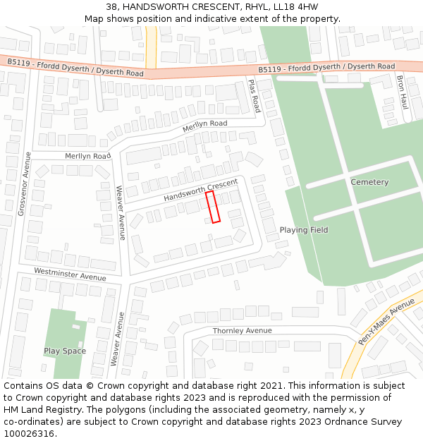 38, HANDSWORTH CRESCENT, RHYL, LL18 4HW: Location map and indicative extent of plot